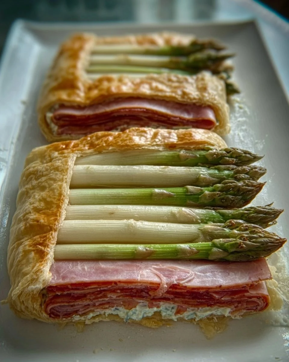 Blätterteig gefüllt mit Spargel und gekochtem Schinken – einfach – 328 kcal/100g