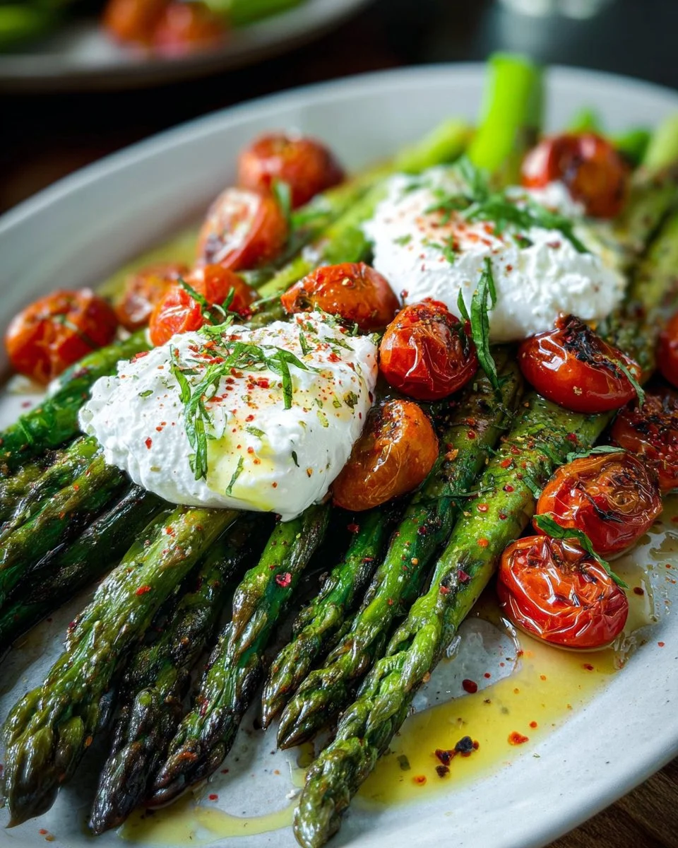 Gerösteter grüner Spargel mit Burrata und Tomaten