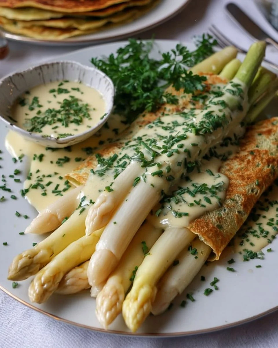 Kräuterpfannkuchen mit weißem Spargel und veganer Hollandaise