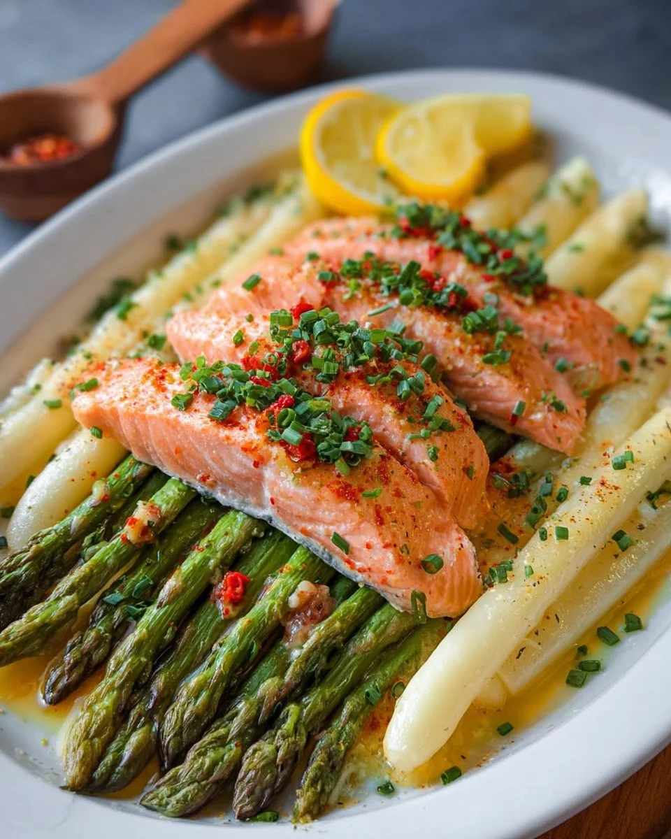 Ofenspargel mit saftigem Lachs und Orangen-Limetten-Butter